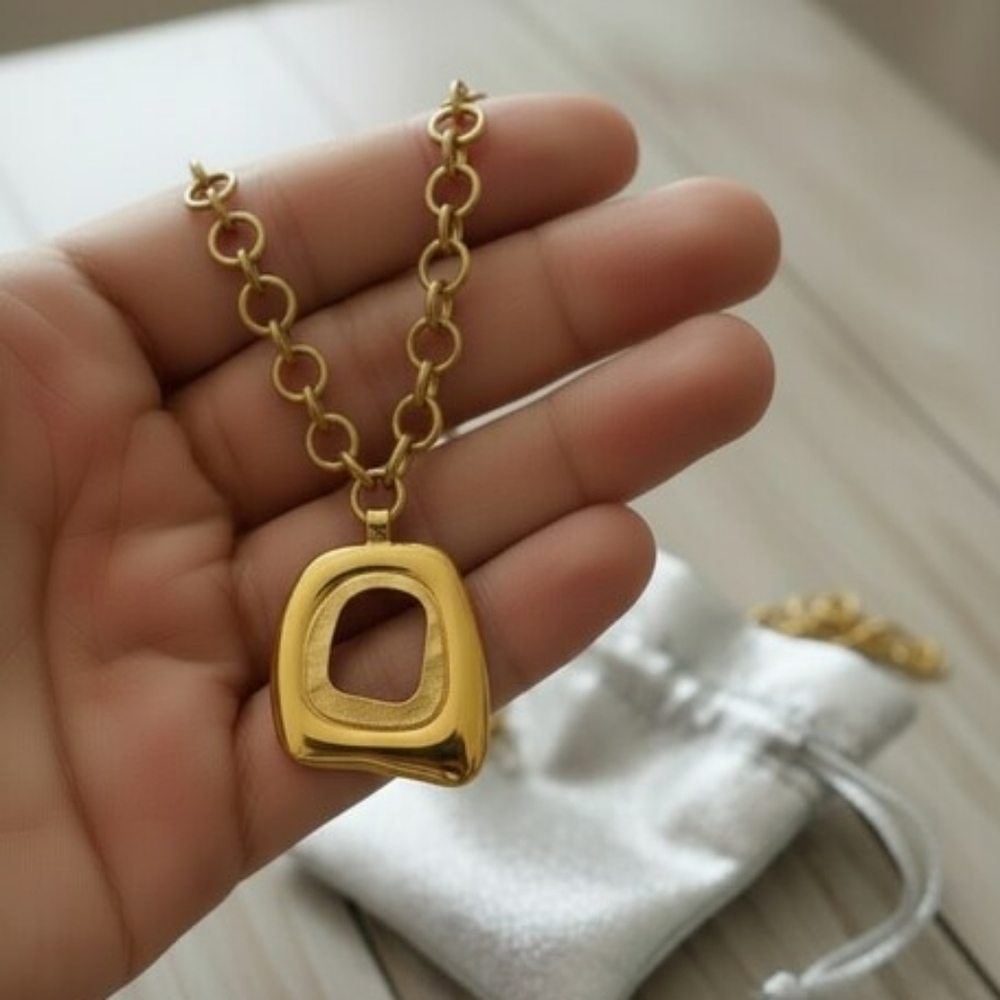 Chunky Gold Square Necklace for Women, 14K Gold Plated Vintage Boho Big Matte - Picture 4 of 11